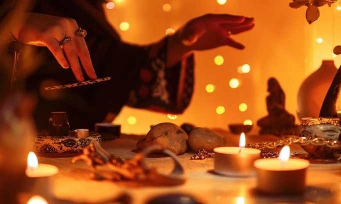 Mains et bougies dans une lumière ambrée