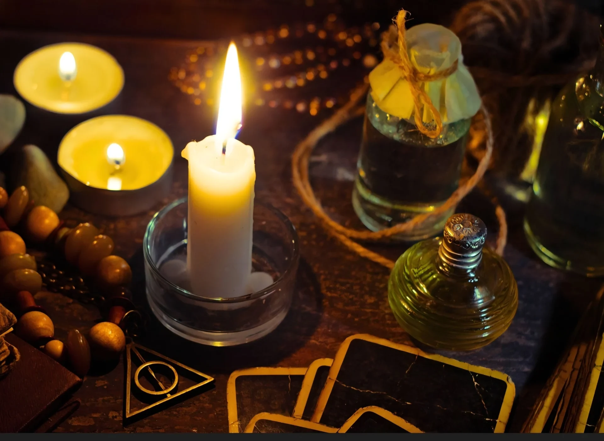 Bougies allumées et objets rituels
